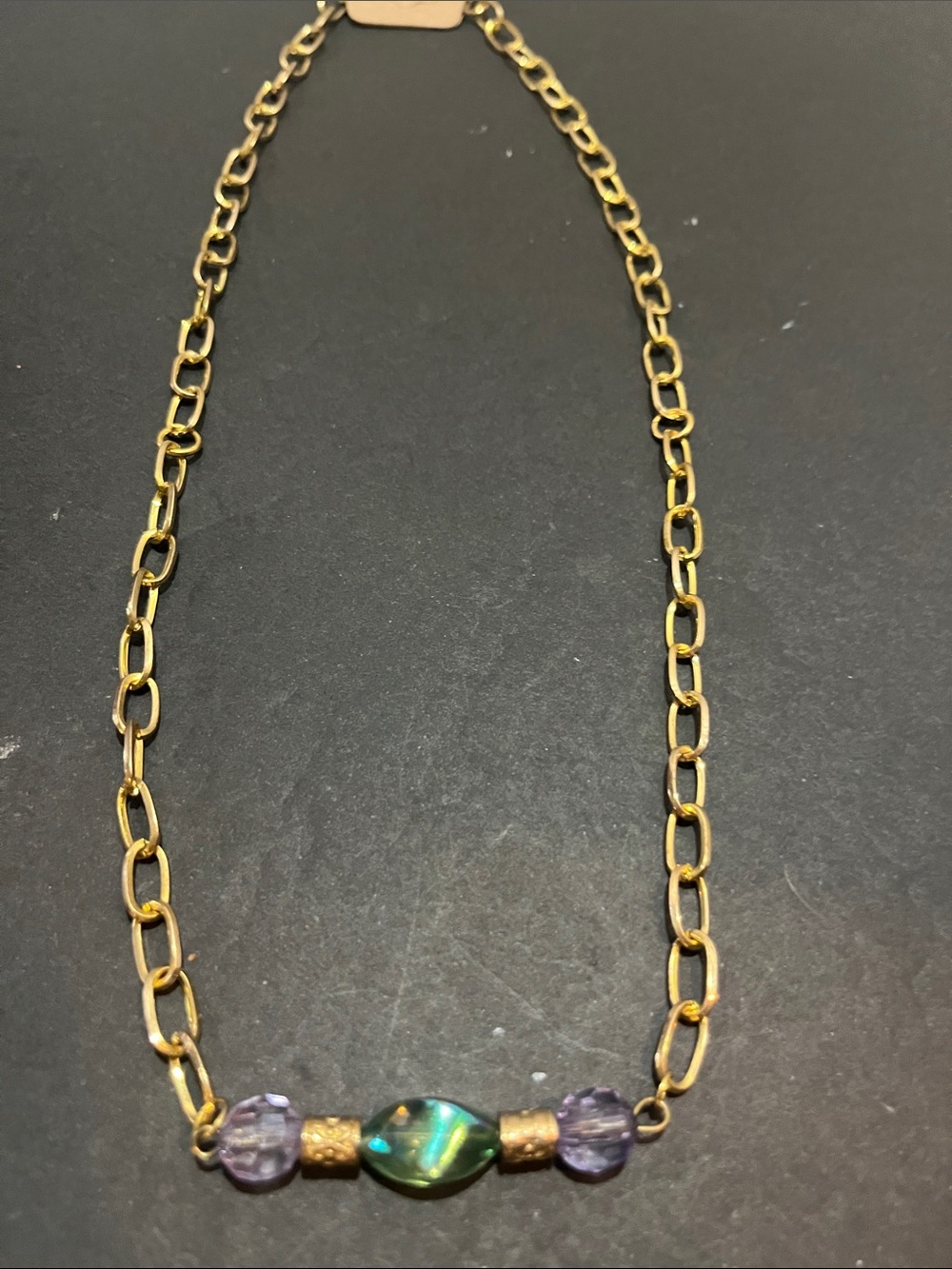 Gold Chain Necklace with Green and Light Purple Beads